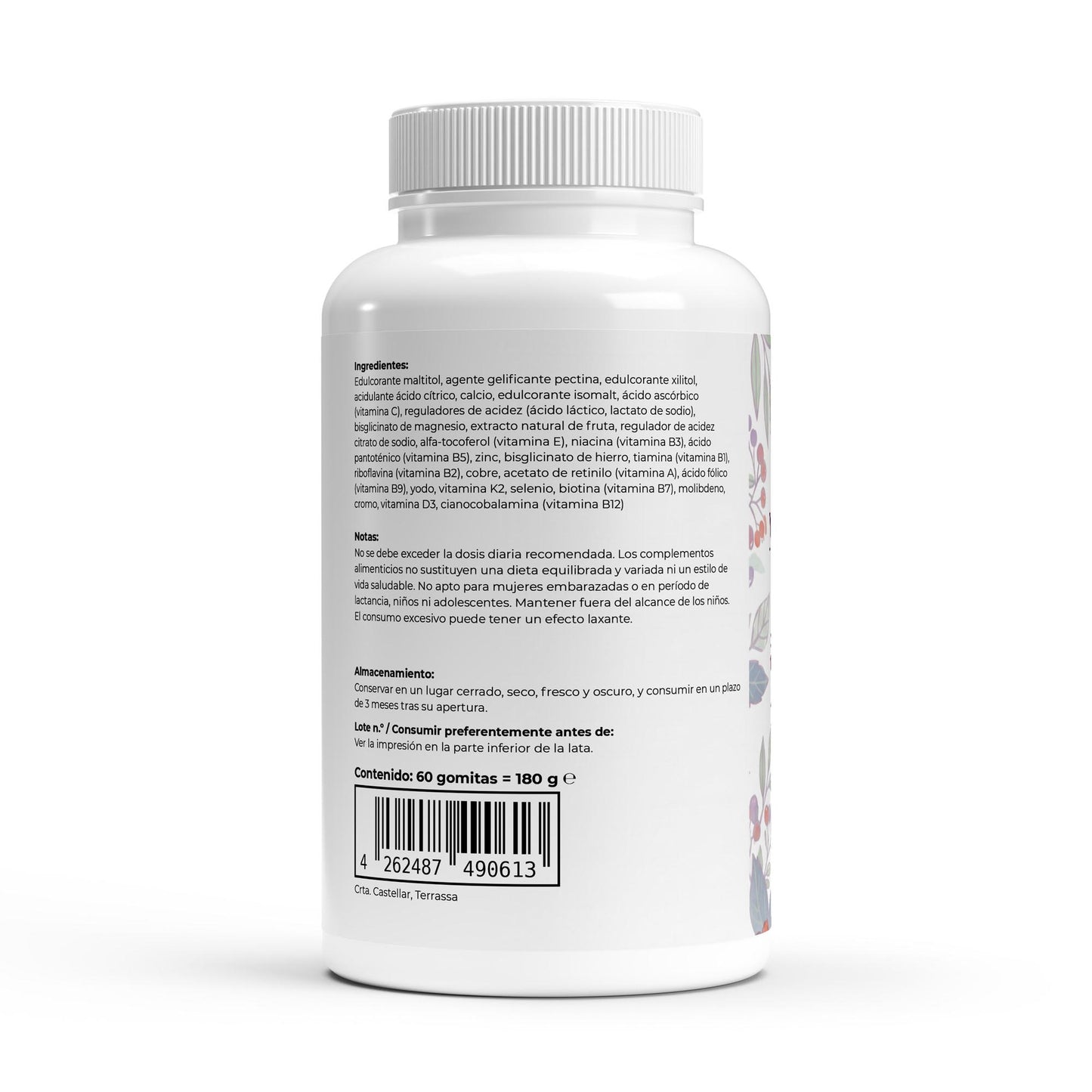 Envase de multivitaminicos premium en formato gominolas con sabor a frutos del bosque.