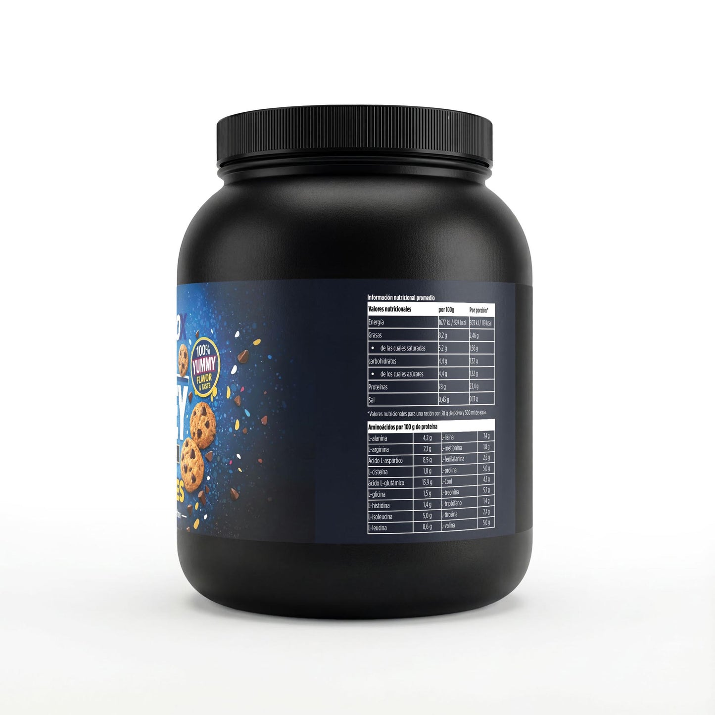 Envase de 1 kg de proteína whey premium en polvo con sabor a cookies