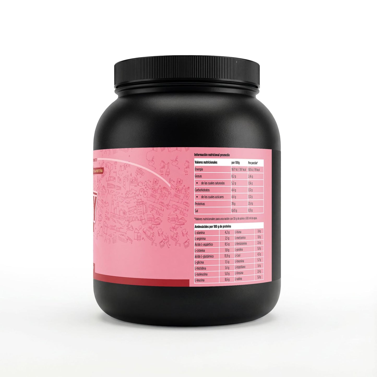 Informacion nutricional de la proteina whey con sabor a fresa.
