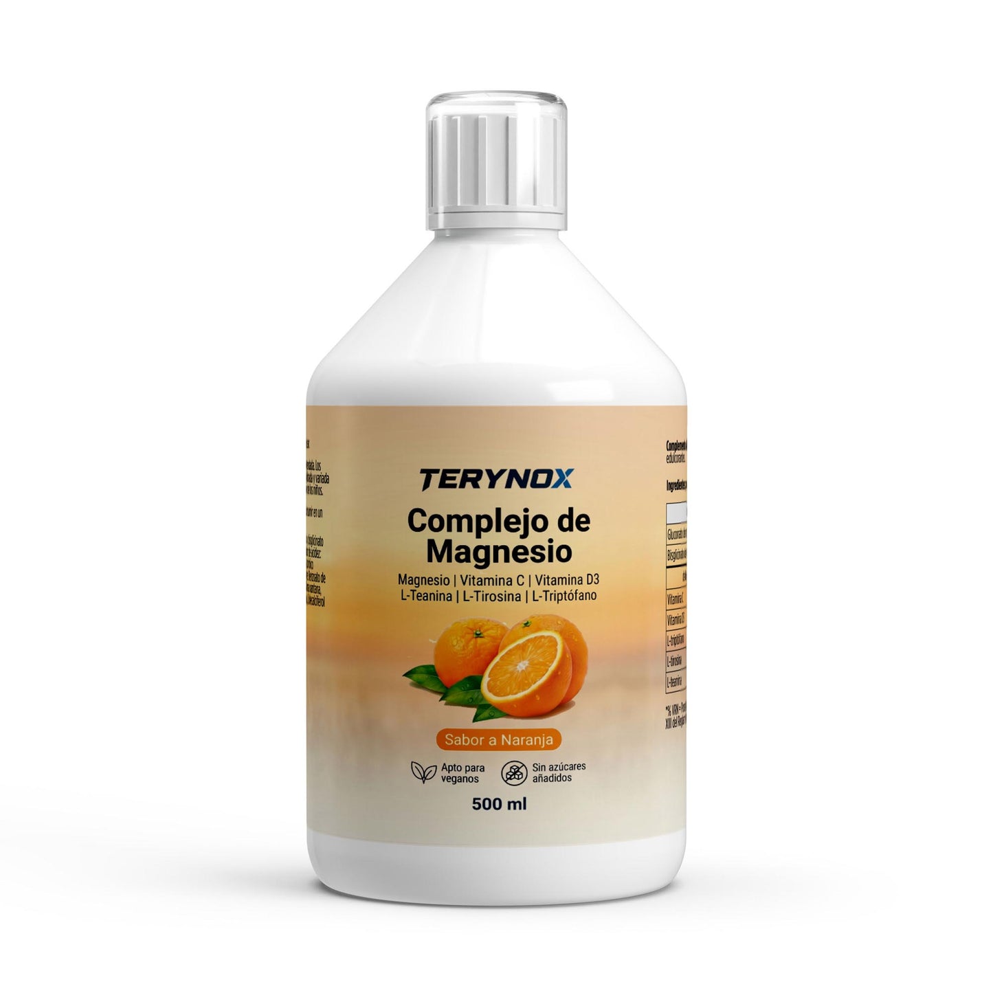 Envase de complejo de magnesio con vitamina C y D3 en formato líquido con sabor a naranja de la marca Terynox.