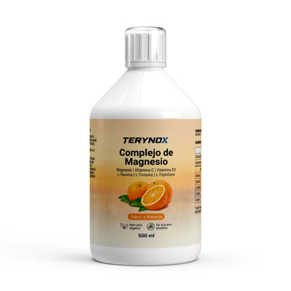 Envase de complejo de magnesio con vitamina C y D3 en formato líquido con sabor a naranja de la marca Terynox.