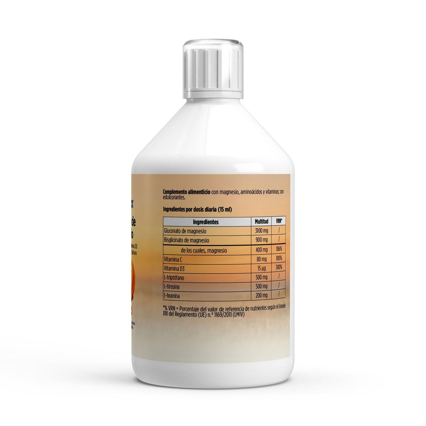 Envase de complejo de magnesio de 500 ml con sabor a naranja.