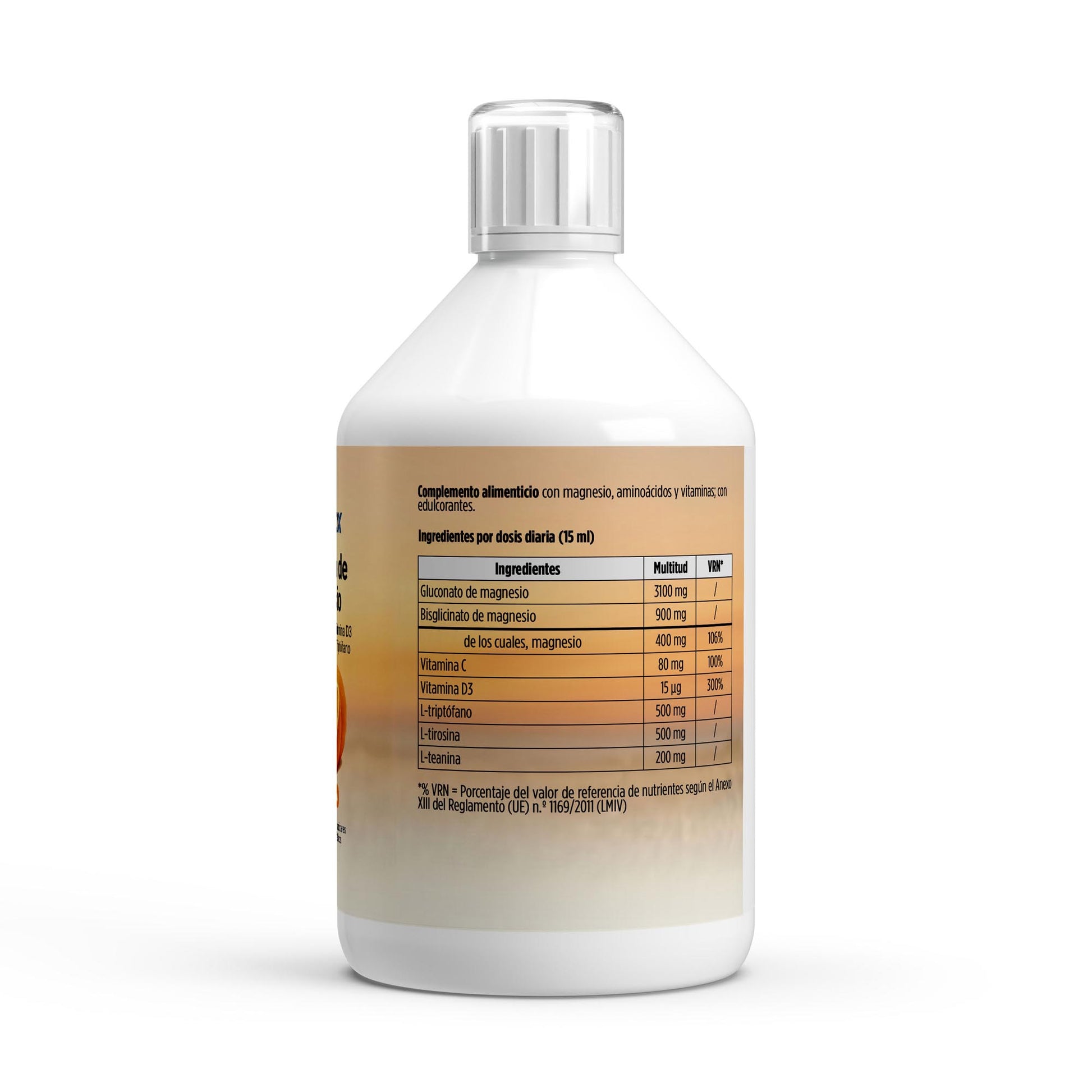 Envase de complejo de magnesio de 500 ml con sabor a naranja.