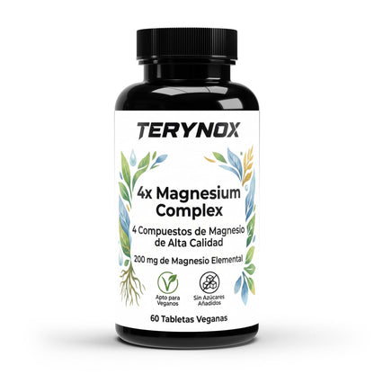 Envase de complejo de magnesio x4 en tabletas veganas de la marca Terynox.