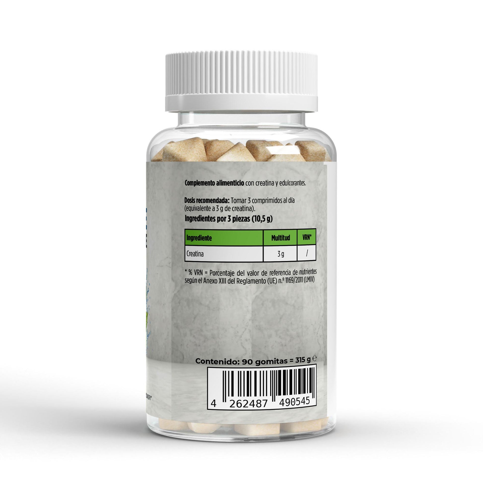Etiqueta nutricional del envase de creatina en gominolas sabor manzana.