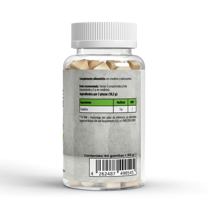 Etiqueta nutricional del envase de creatina en gominolas sabor manzana.