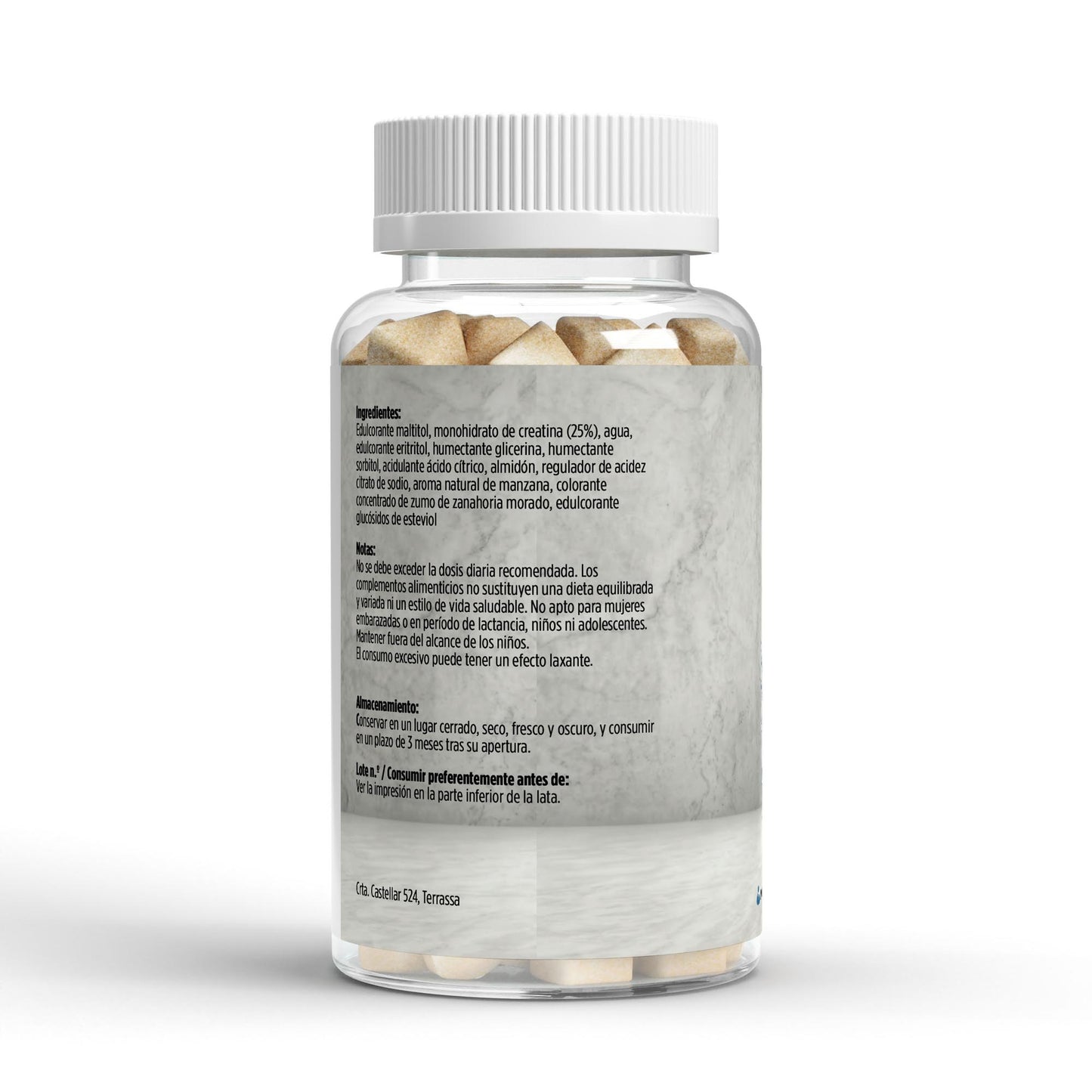 Envase de creatina en gominolas con sabor a manzana.