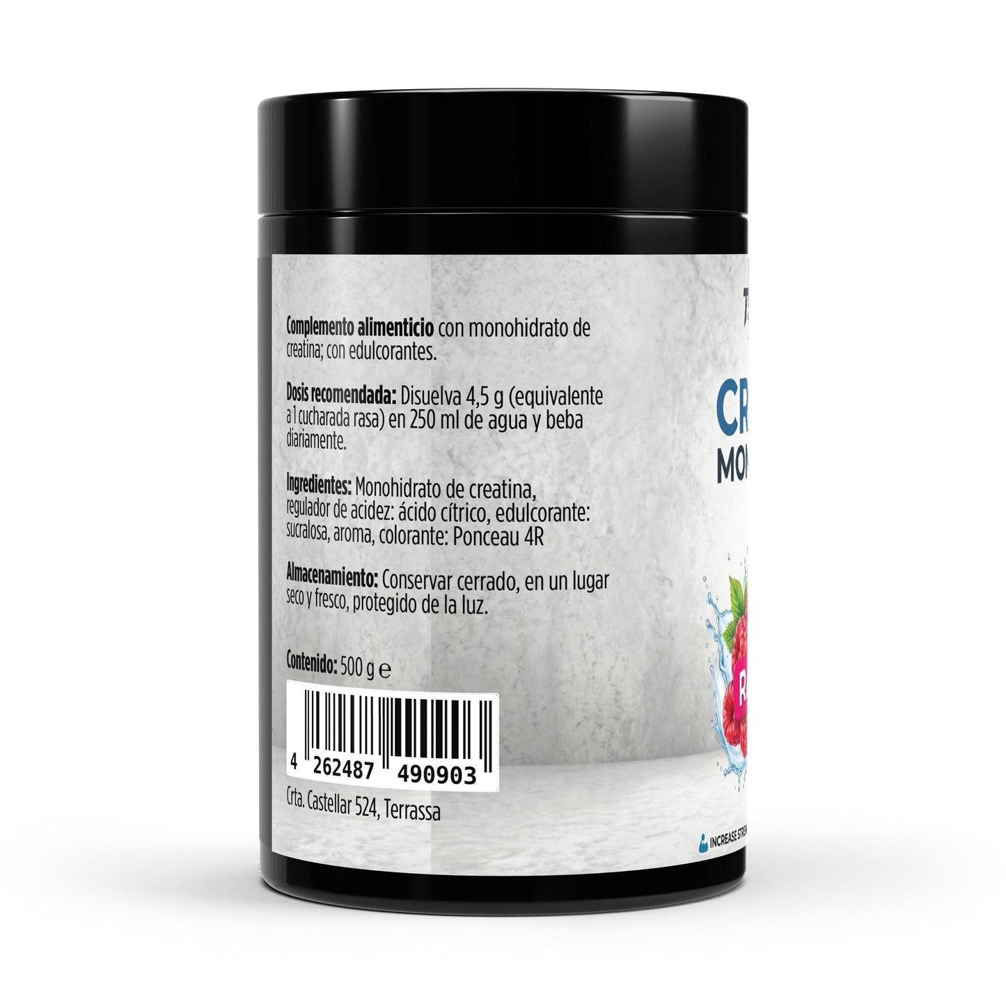 Envase de creatina monohidratada pura de sabor frambuesa.