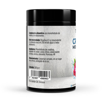 Envase de creatina monohidratada pura de sabor frambuesa.