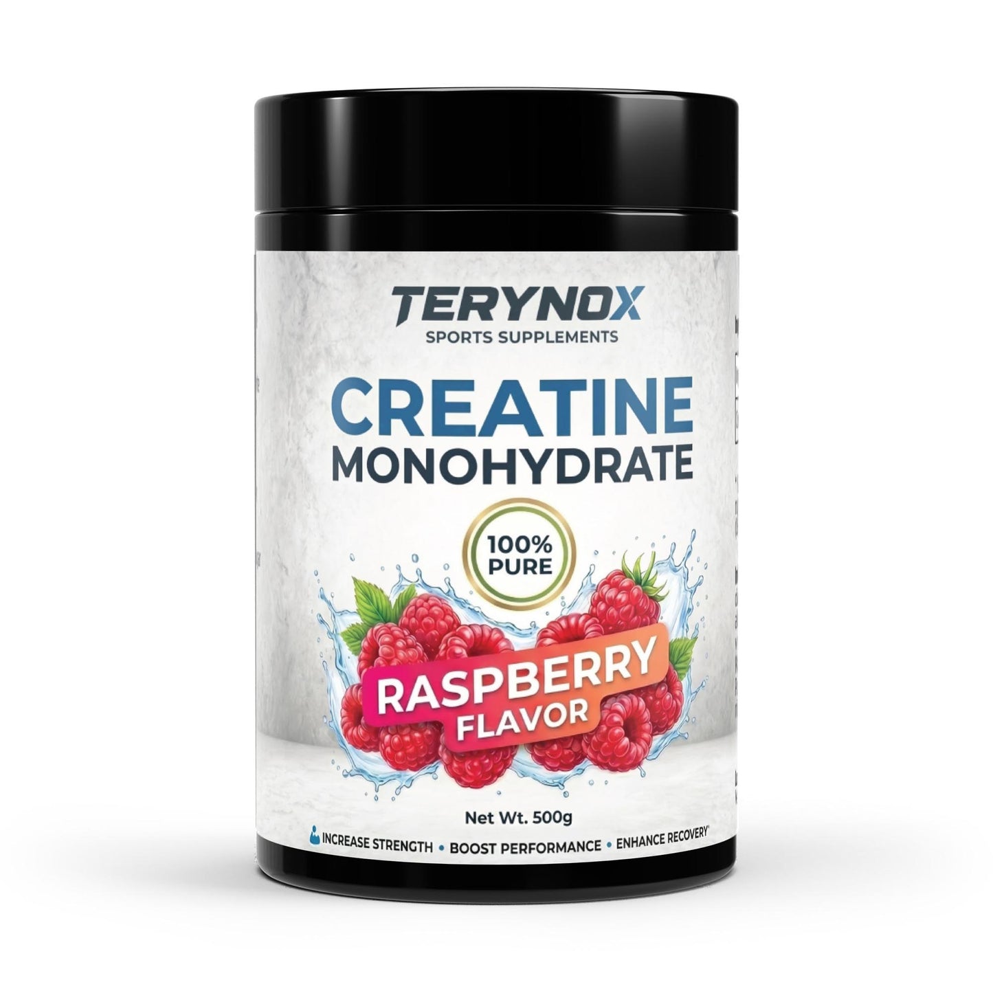 Envase de creatina pura con sabor a frambuesa y contiene 500 g.