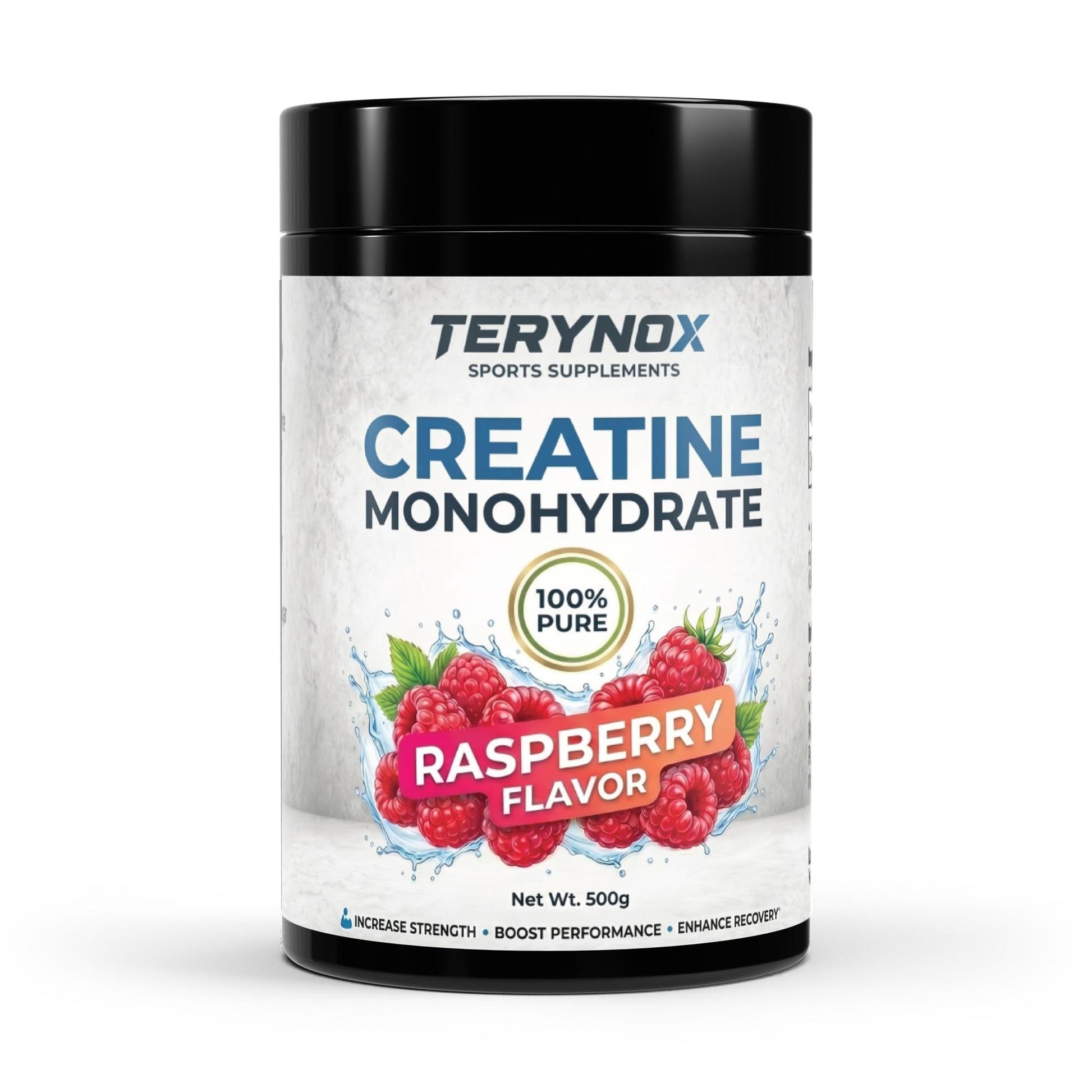 Envase de creatina pura con sabor a frambuesa y contiene 500 g.