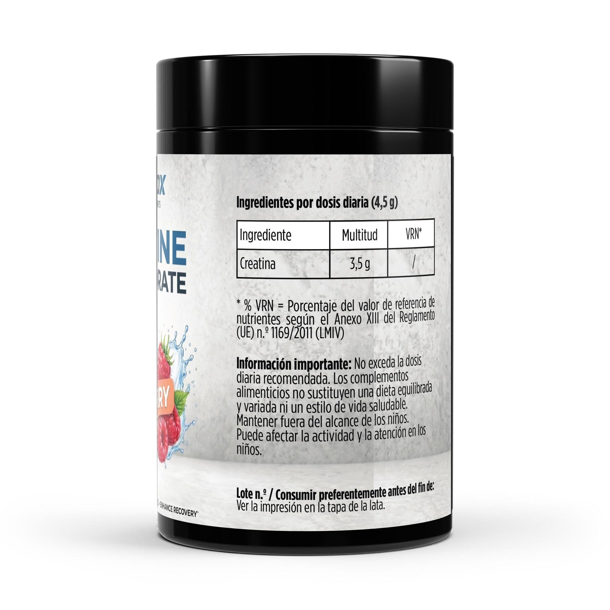 Envase de creatina monohidratada pura con sabor a frambuesa.