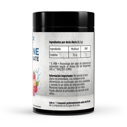 Envase de creatina monohidratada pura con sabor a frambuesa.