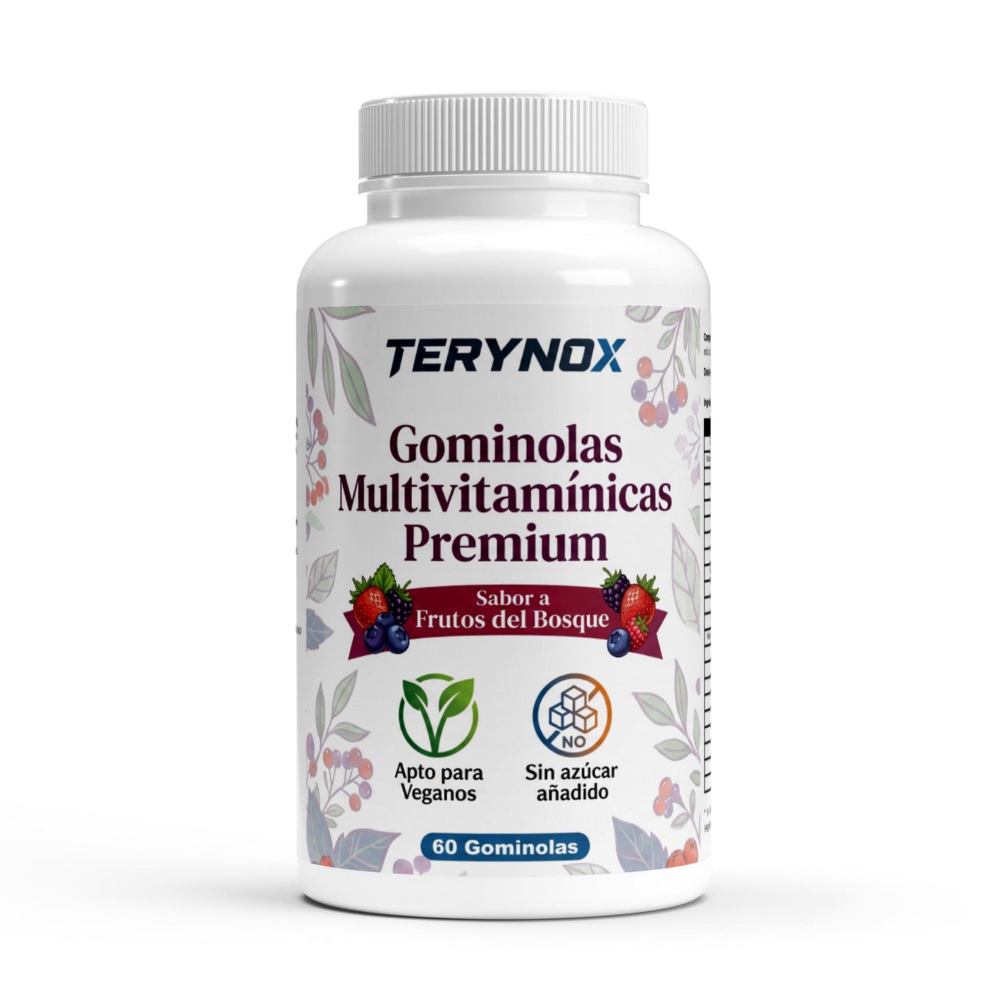 Envase de gominolas multivitamínicas premium con sabor a frutos del bosque de la marca Terynox.