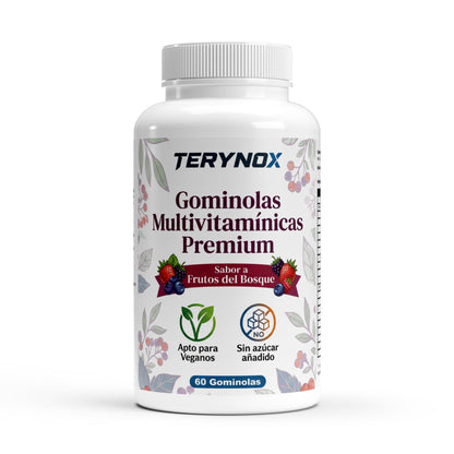Envase de gominolas multivitamínicas premium con sabor a frutos del bosque de la marca Terynox.
