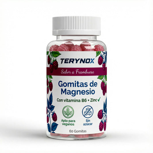 Envase de gominolas de magnesio con vitamina B6 y Zinc de la marca Terynox.