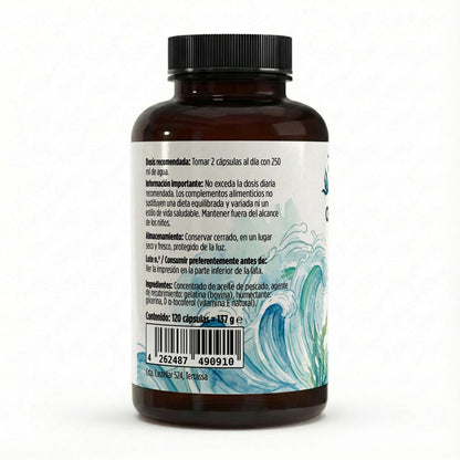 Envase de cápsulas de omega 3 en alta dosis.