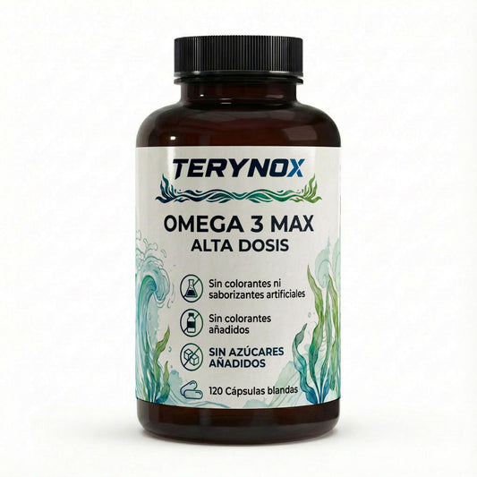Envase de omega 3 max en formato de 120cápsulas blandas.