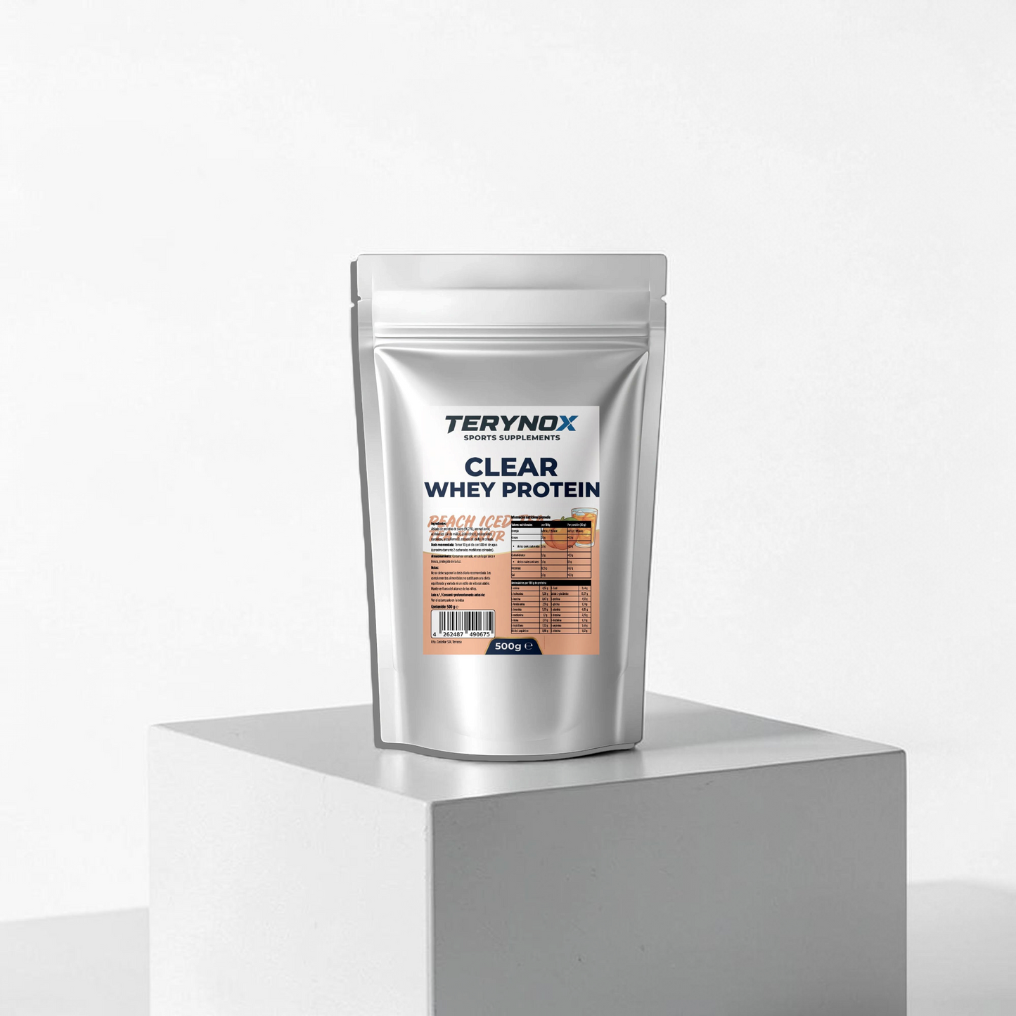 Suplemento de aislado de proteína clear con sabor a té helado de melocotón.