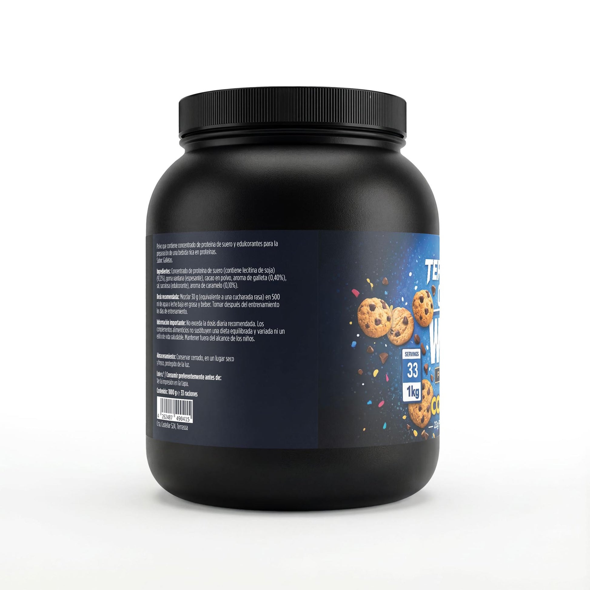 Envase de proteína whey en polvo con sabor a cookies.