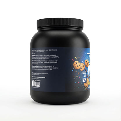 Envase de proteína whey en polvo con sabor a cookies.