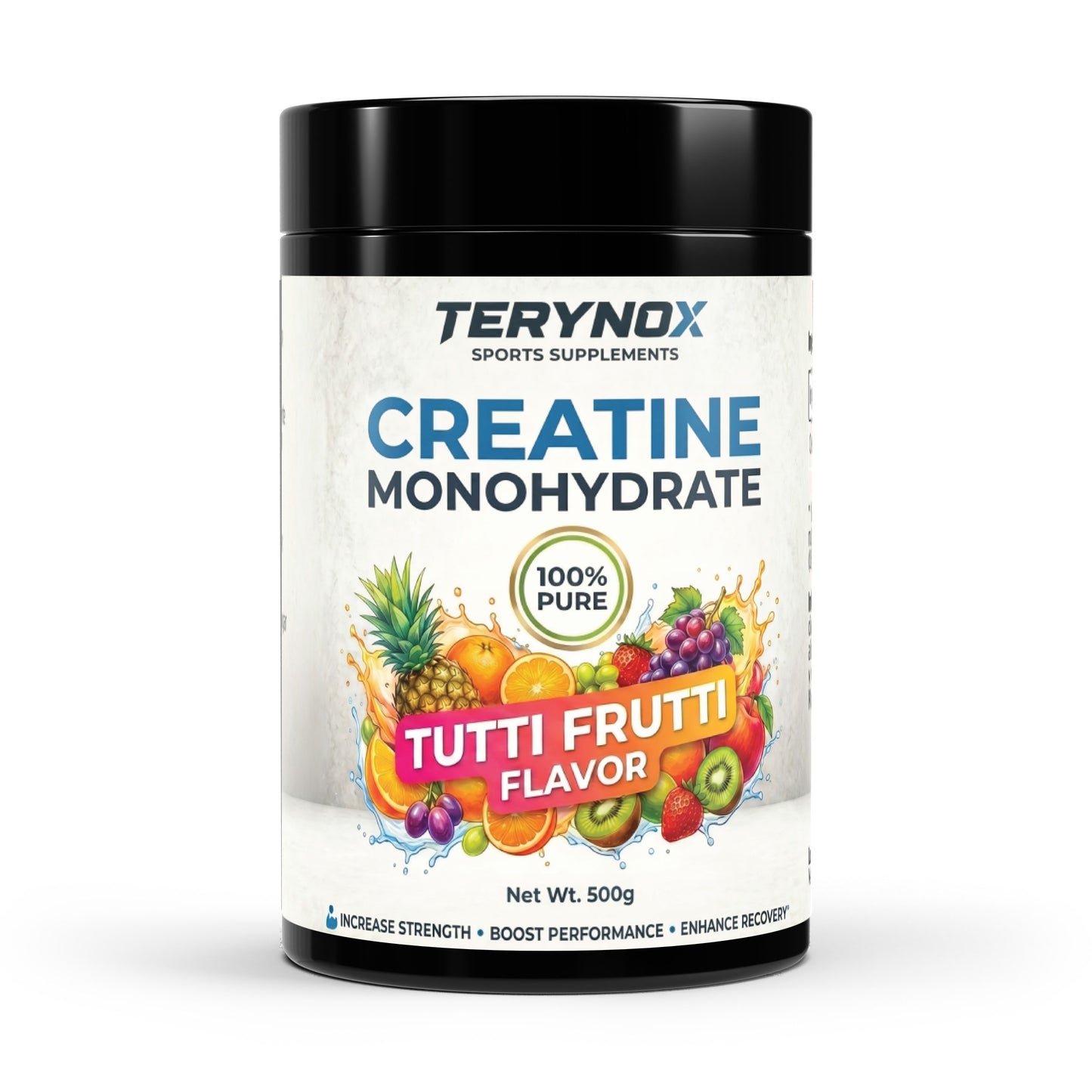 Envase de creatina monohidrato de 500 g con sabor a tutti frutti.