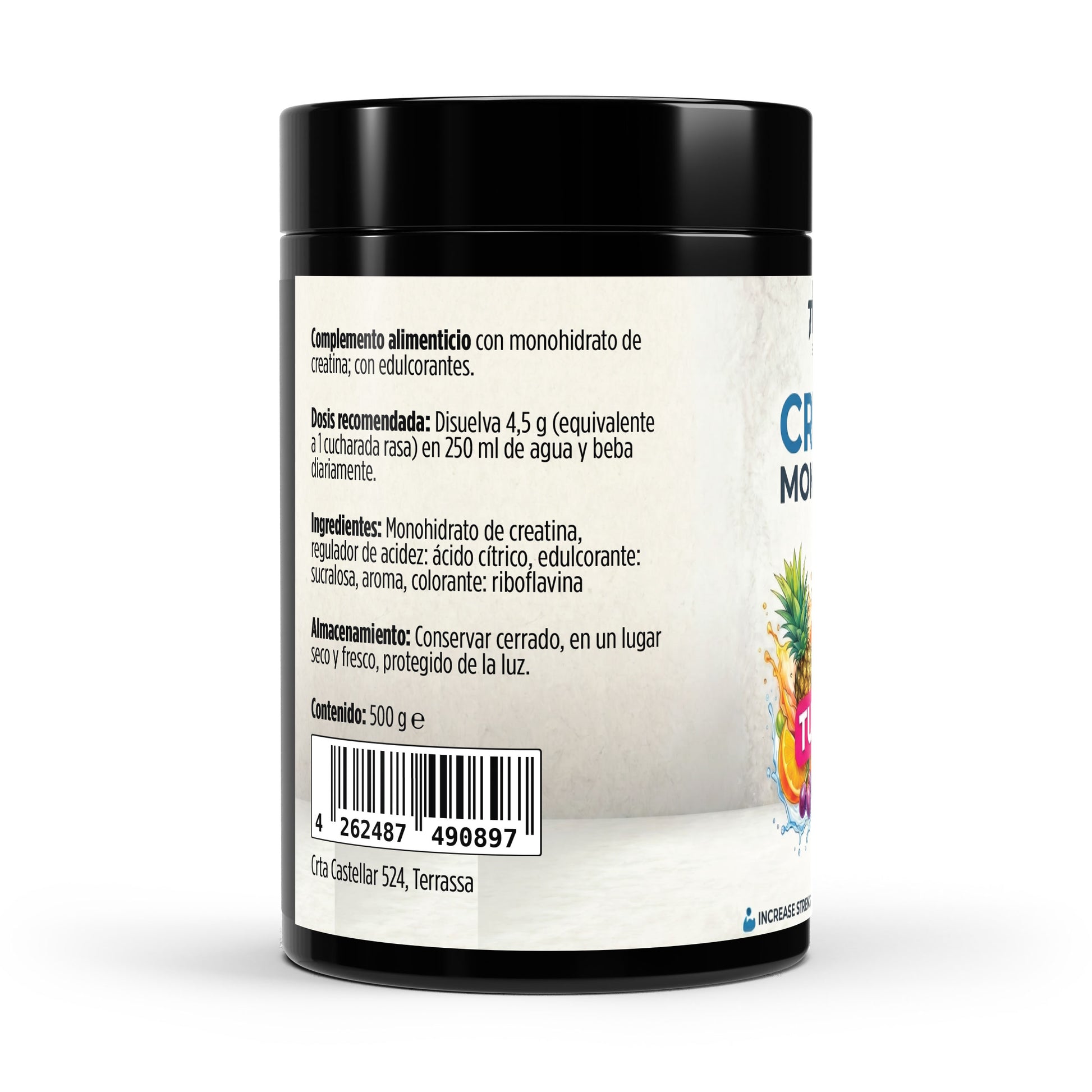 Bote de creatina de 500 g con sabor a tutti frutti.