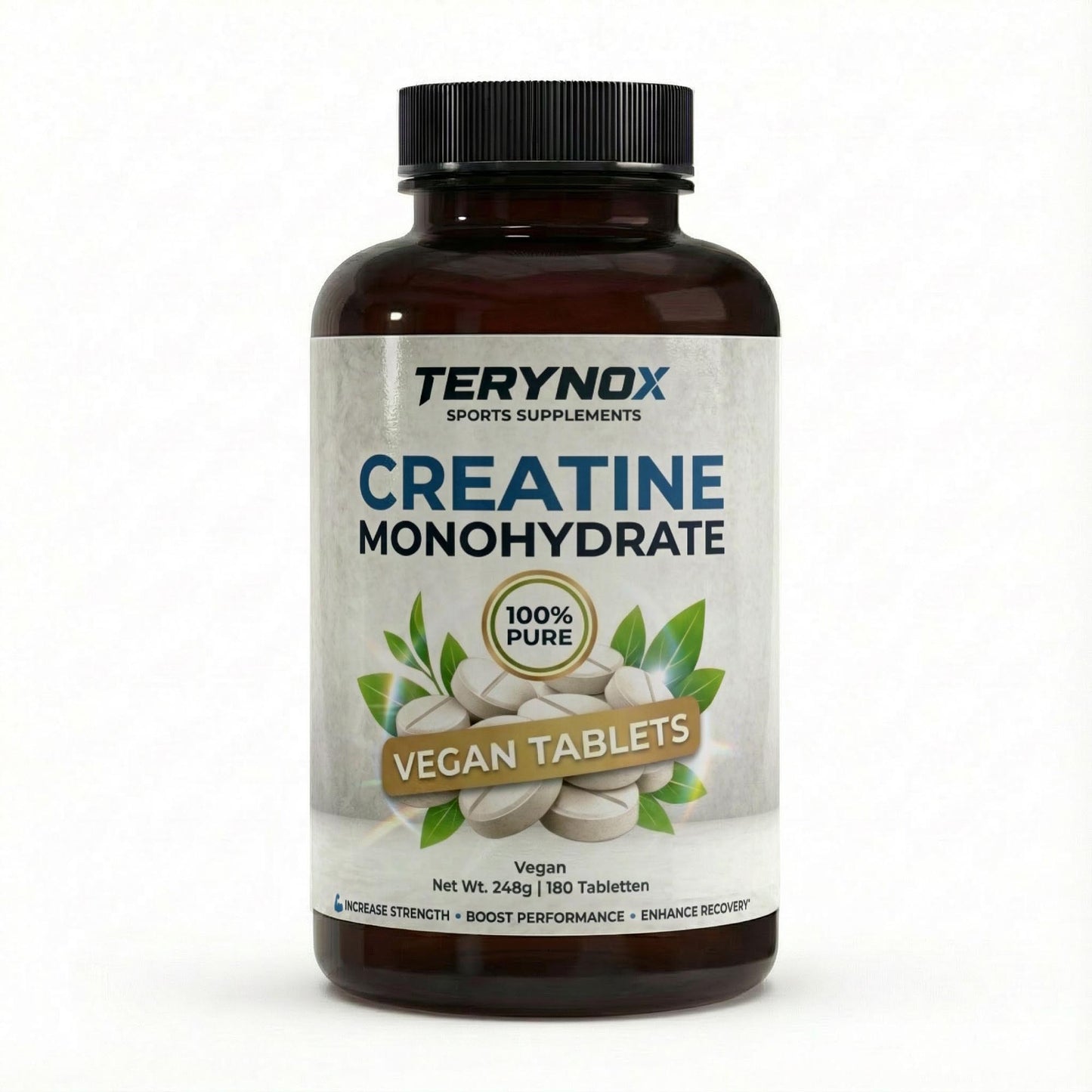 Bote de creatina monohidrato en tabletas veganas de la marca Terynox.