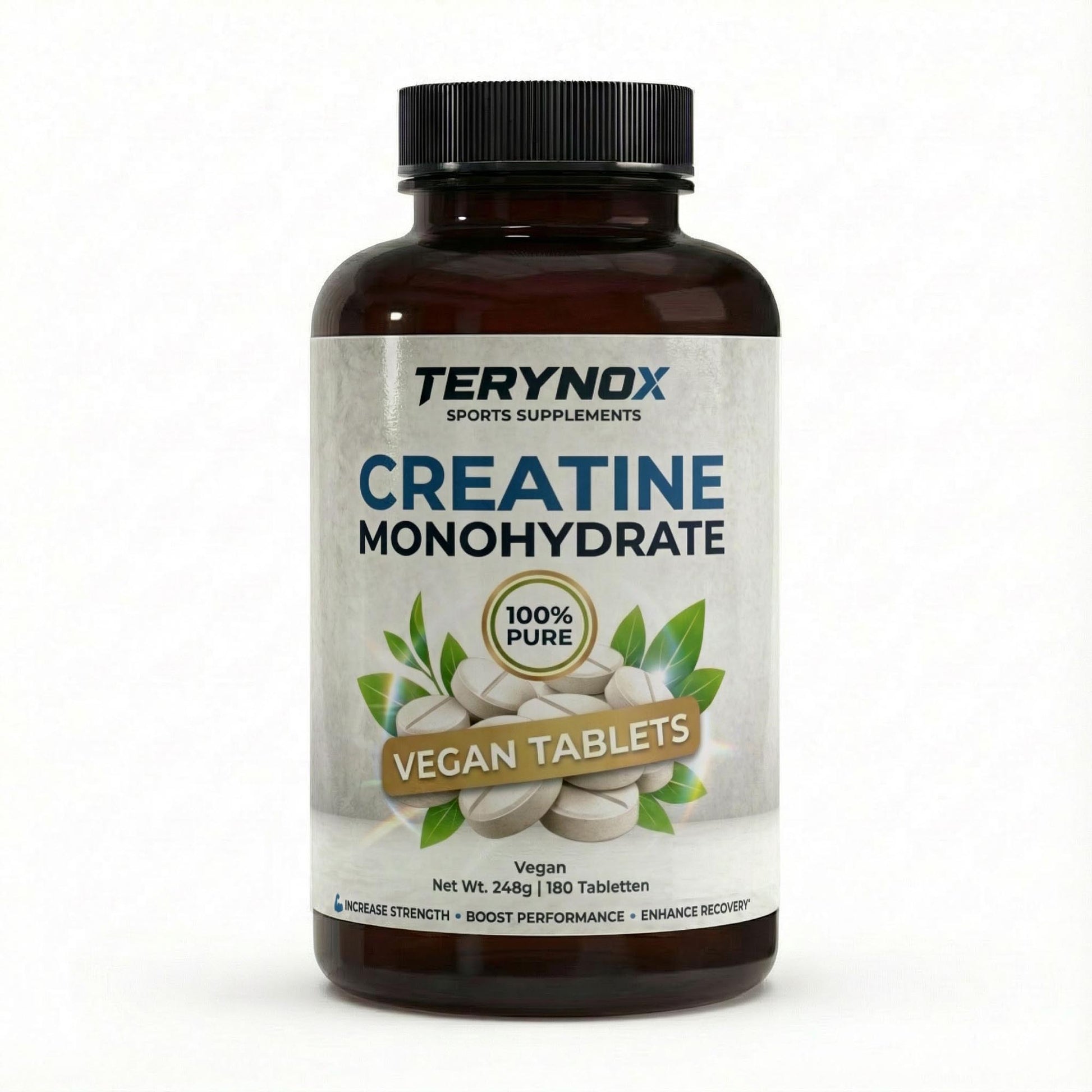 Bote de creatina monohidrato en tabletas veganas de la marca Terynox.