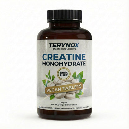 Bote de creatina monohidrato en tabletas veganas de la marca Terynox.