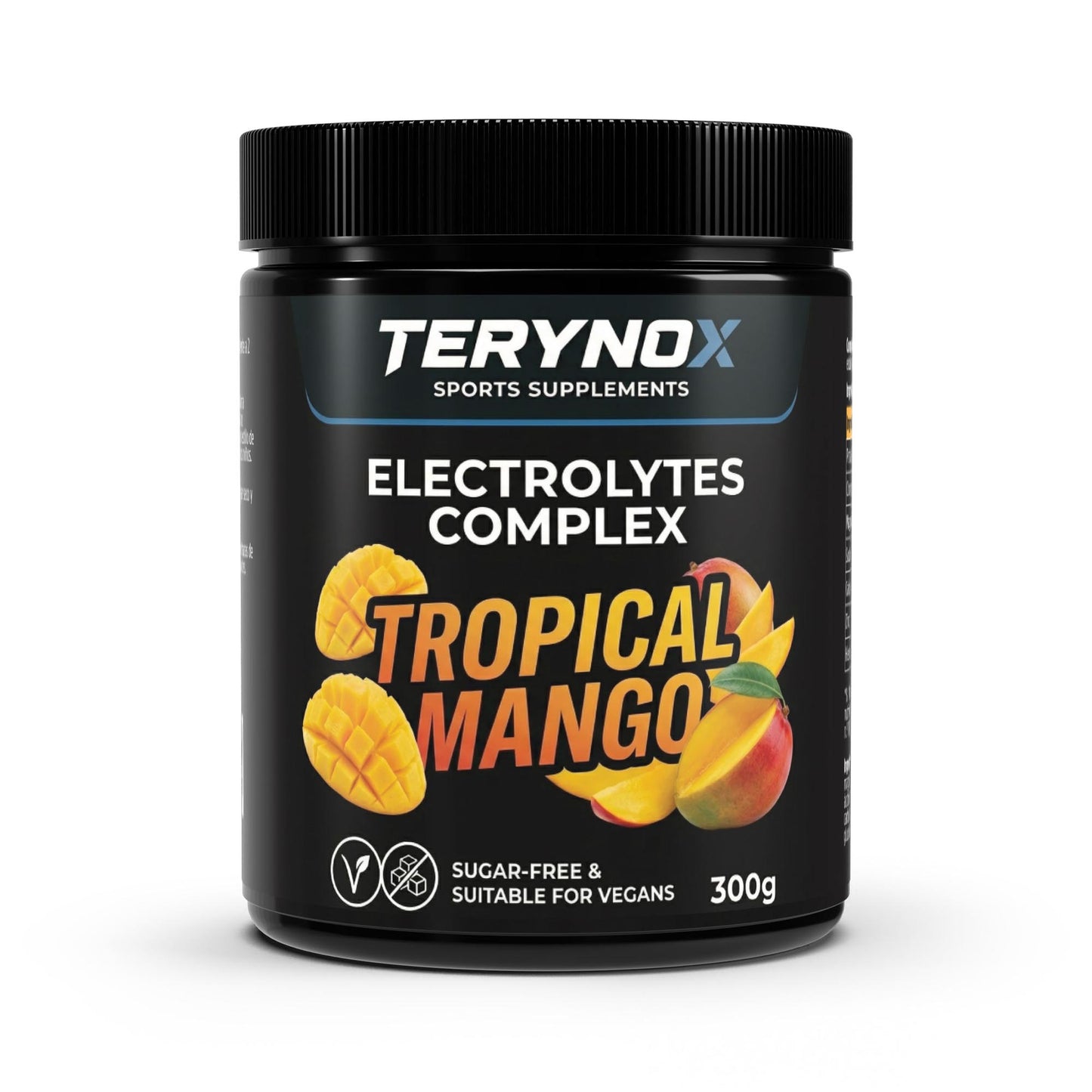 Bote de electrolitos en polvo de 300 gramos con sabor a mango tropical.