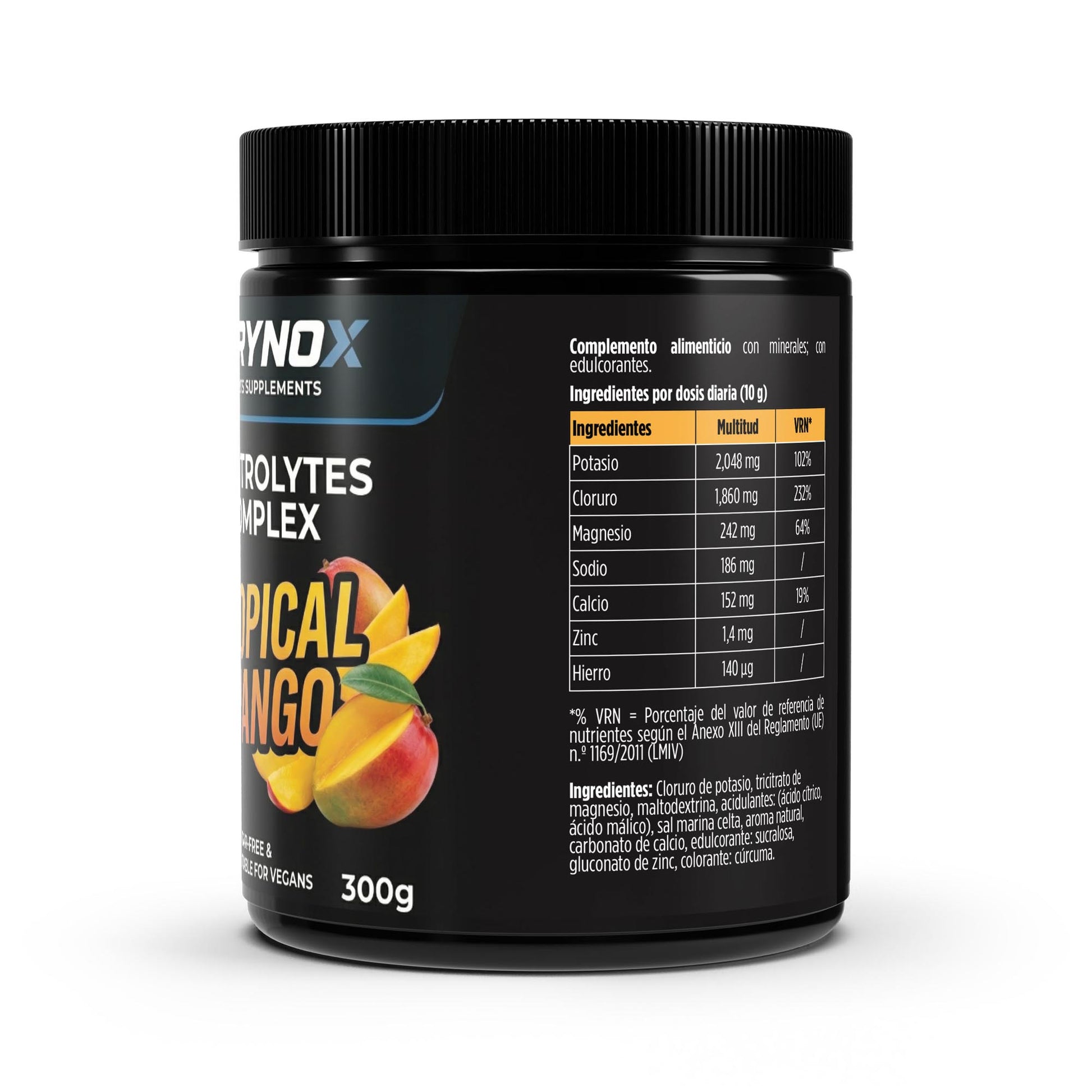Bote de electrolitos en polvo de 300 gramos con sabor a mango tropical de la marca Terynox.