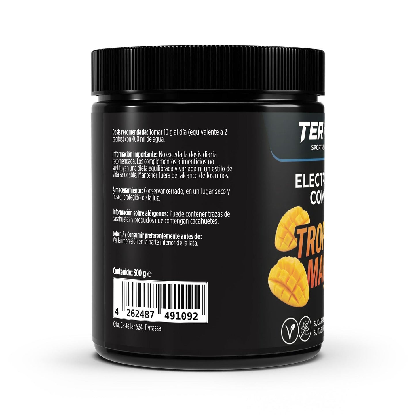 Envase de electrolitos en polvo con sabor a mango.