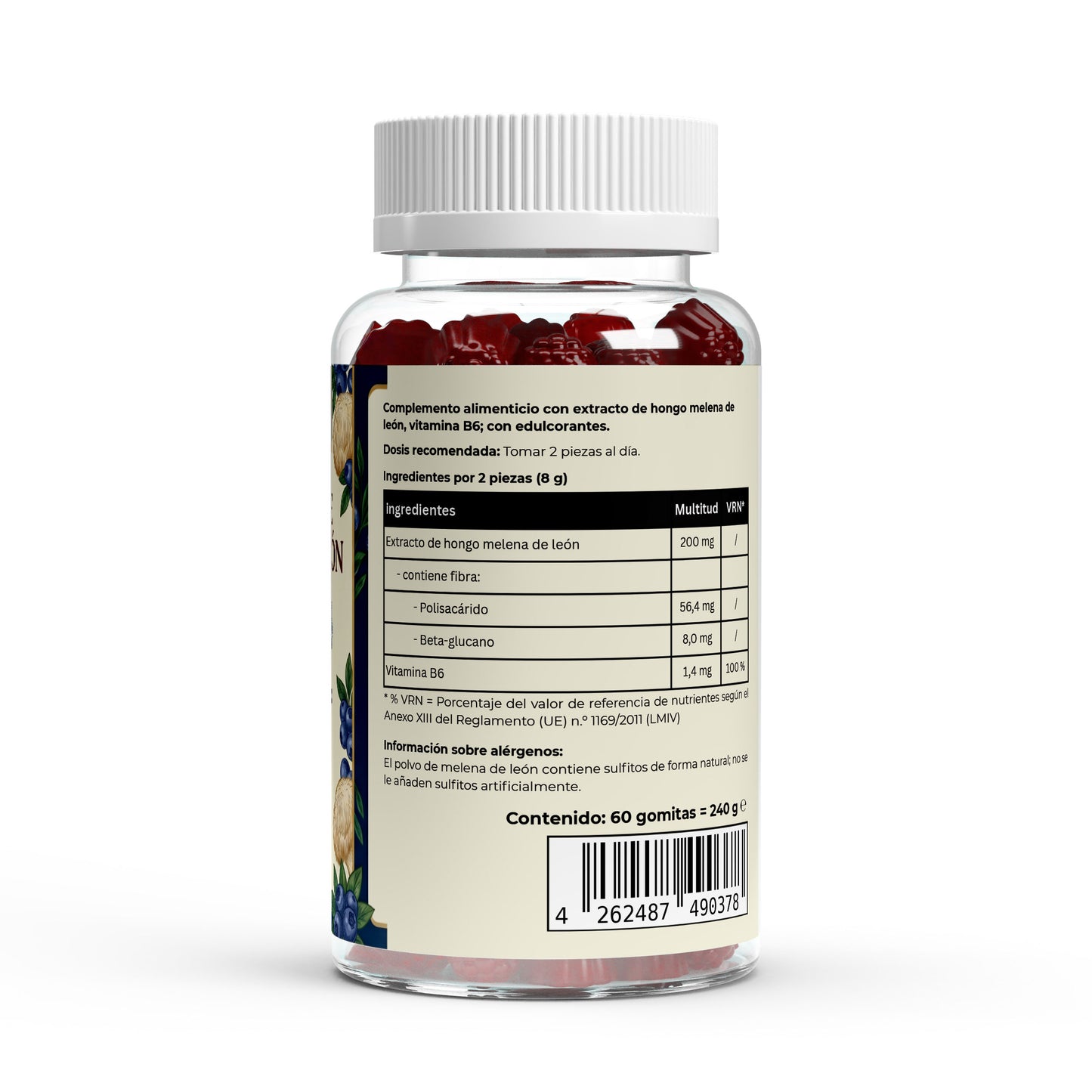 Envase de extracto de hongo de melena de león en gominolas con sabor a arndano.