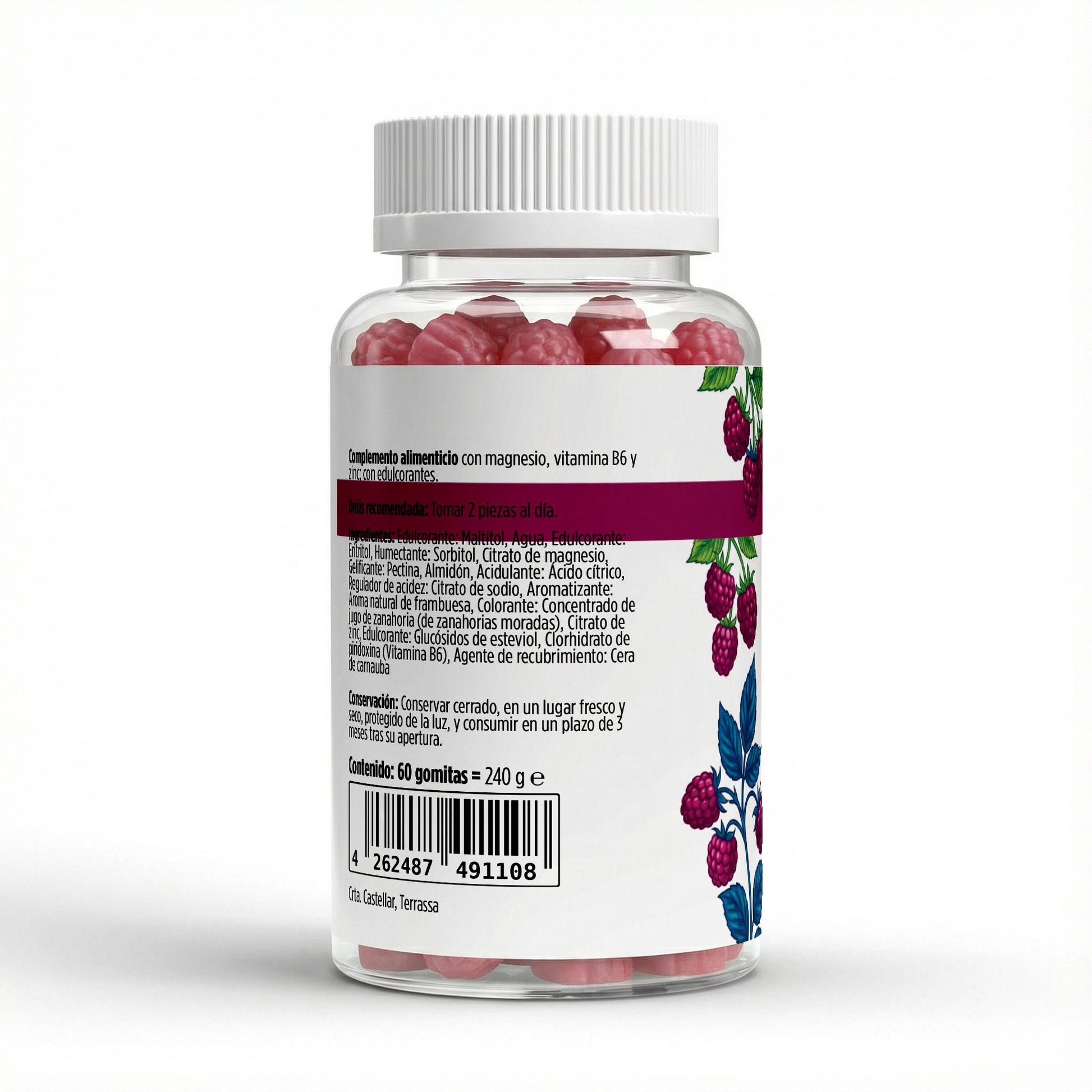 Envase de 60 gominolas de agnesio con B6 y Zinc de sabor frambuesa.