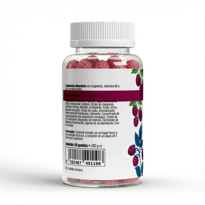 Envase de 60 gominolas de agnesio con B6 y Zinc de sabor frambuesa.