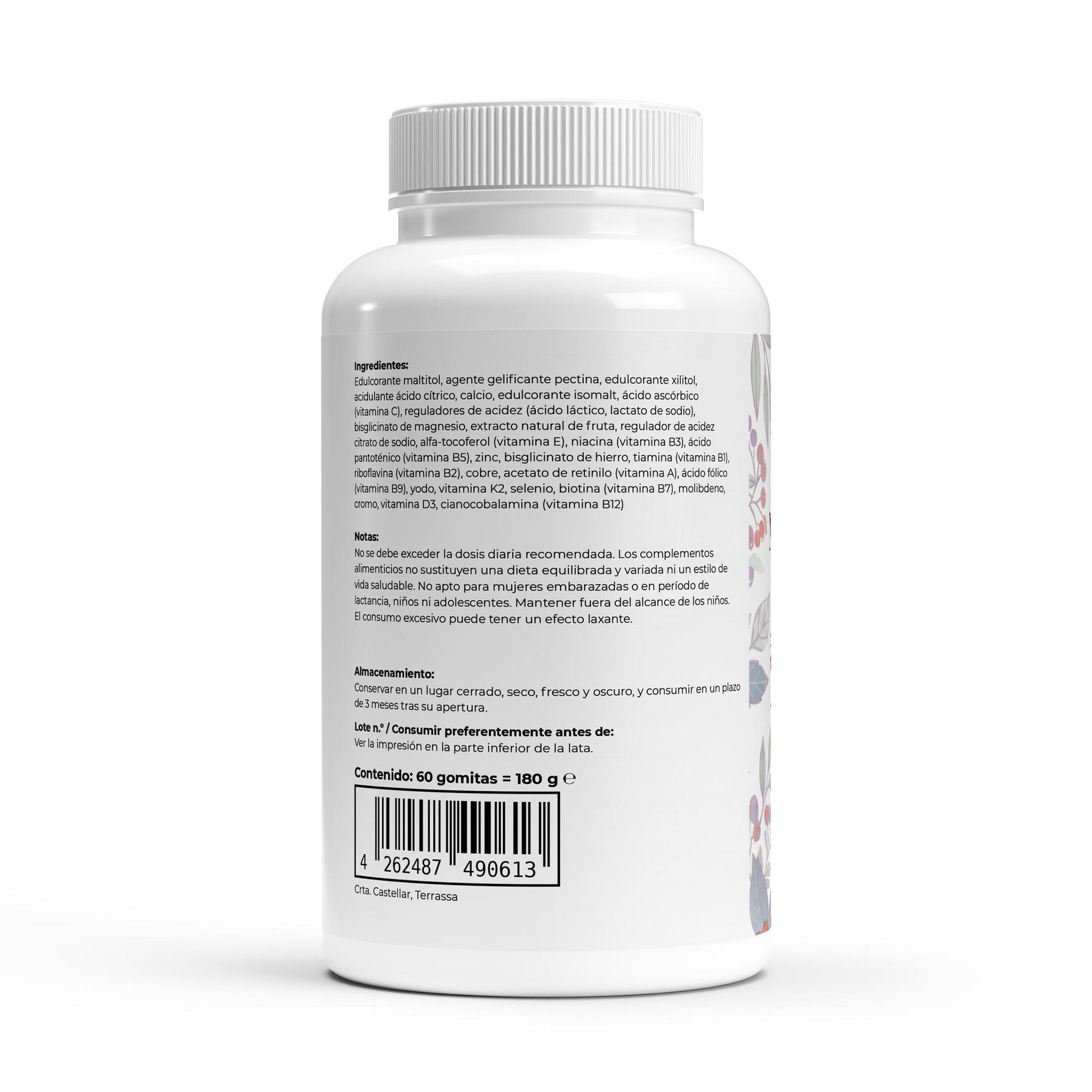 Envase de multivitaminicos premium en formato gominolas con sabor a frutos del bosque.