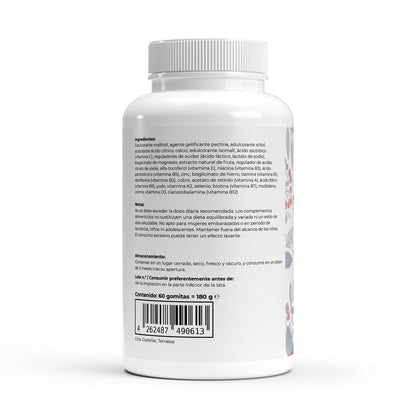 Envase de multivitaminicos premium en formato gominolas con sabor a frutos del bosque.