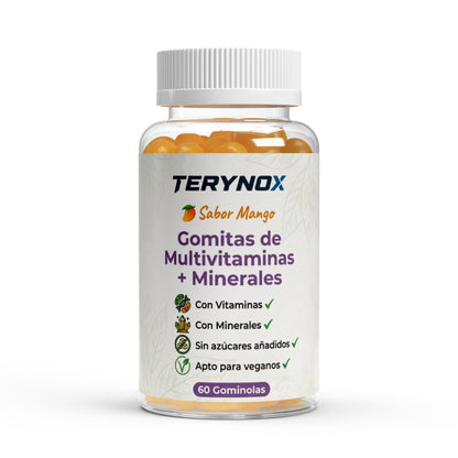 Bote de multivitaminas y minerales en formato gominola de sabor mango.