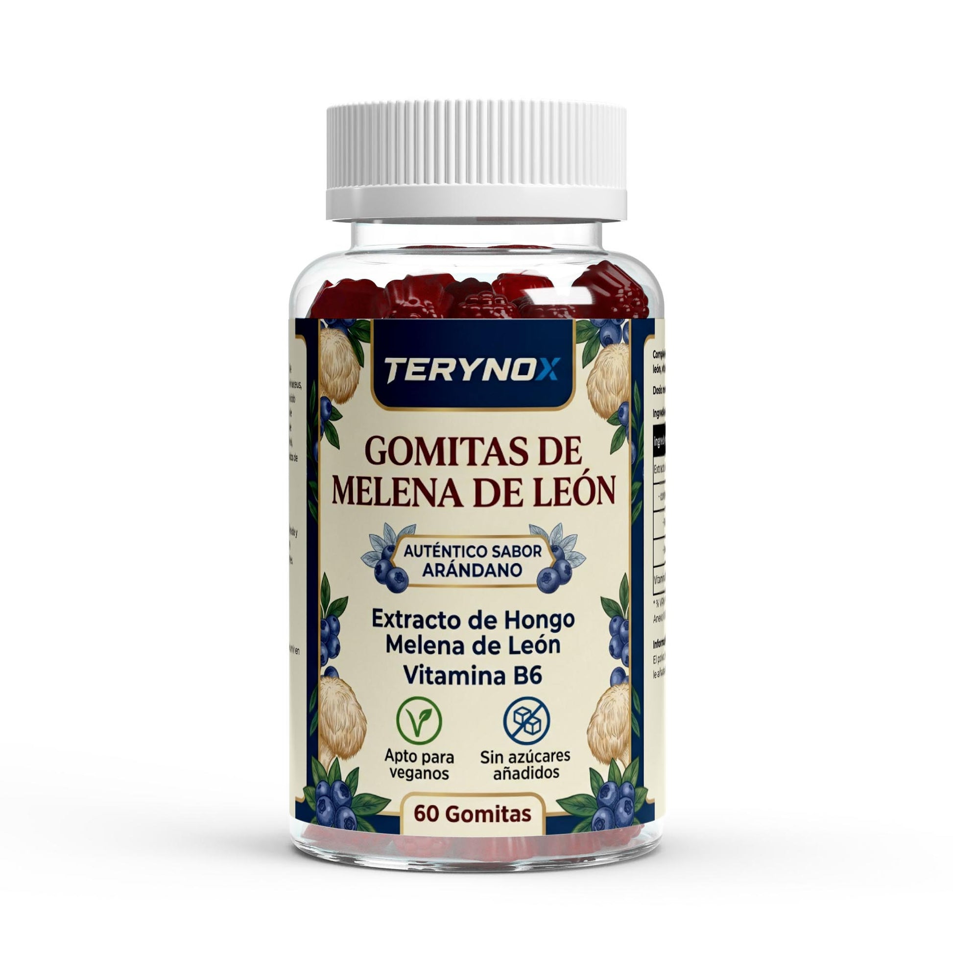 Envase de melena de león y vitamina B6 en formato de 60 gominolas con sabor a arándano.