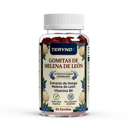Envase de melena de león y vitamina B6 en formato de 60 gominolas con sabor a arándano.