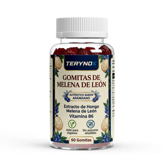 Envase de melena de león y vitamina B6 en formato de 60 gominolas con sabor a arándano.