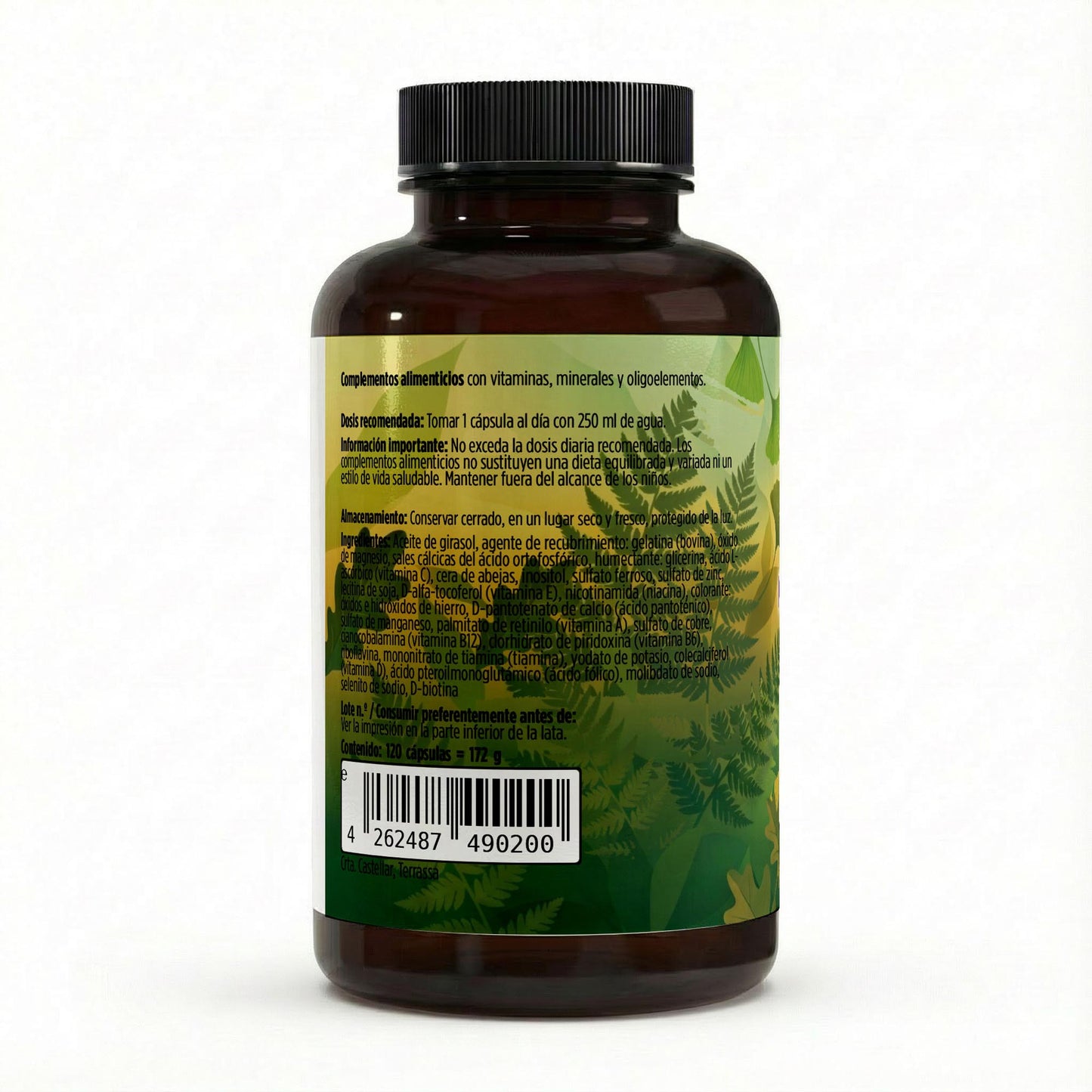 Bote multivitamínico y minerales en 120 cápsulas blandas.