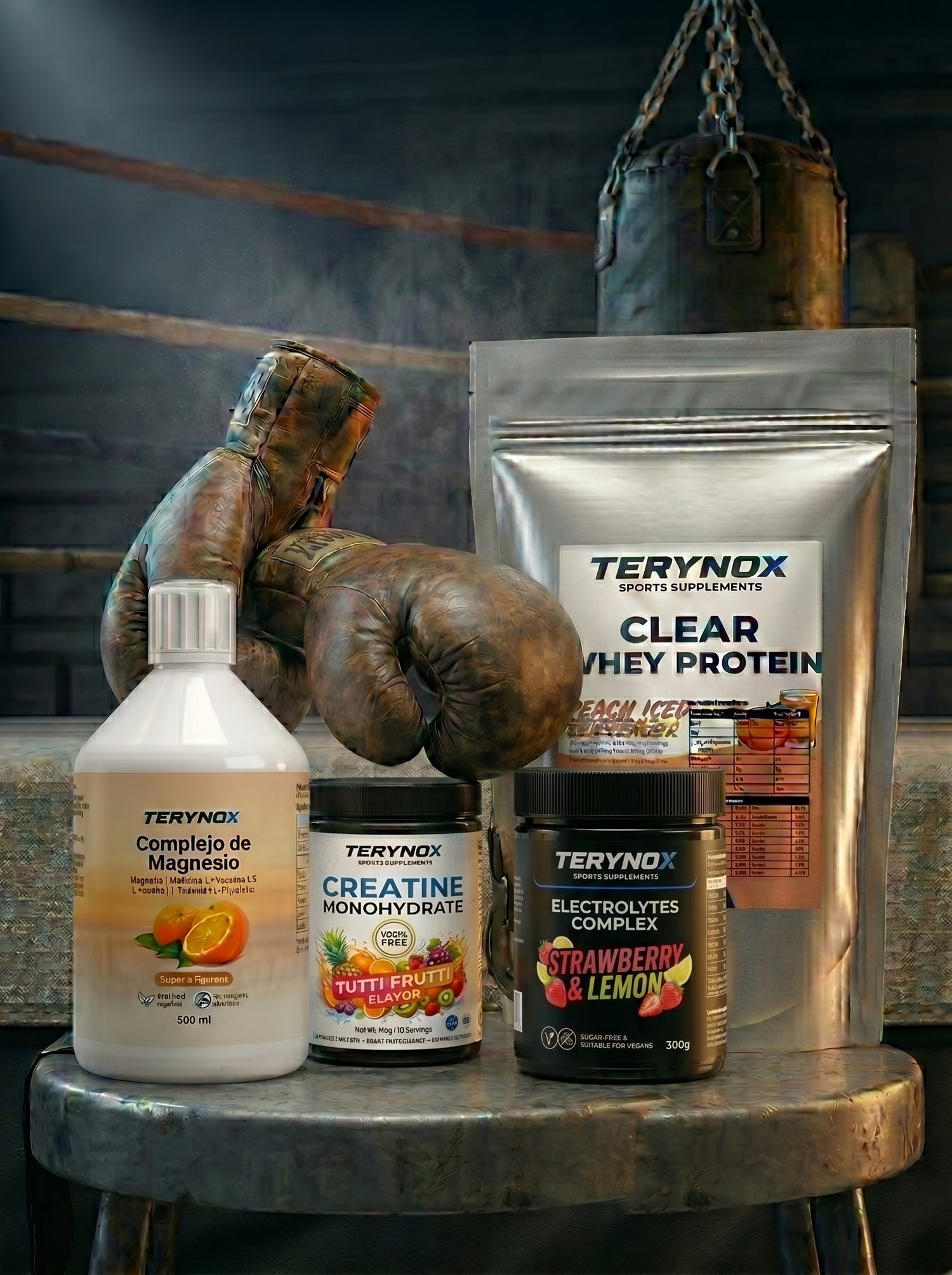 Variedad de los productos del pack de suplementos para boxeo.