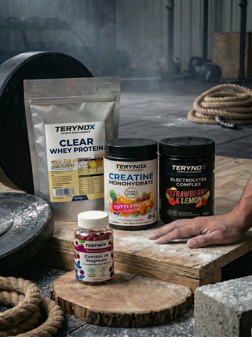 Pack de suplementos para HYROX que contiene proteína, creatina, electrolitos y magnesio.