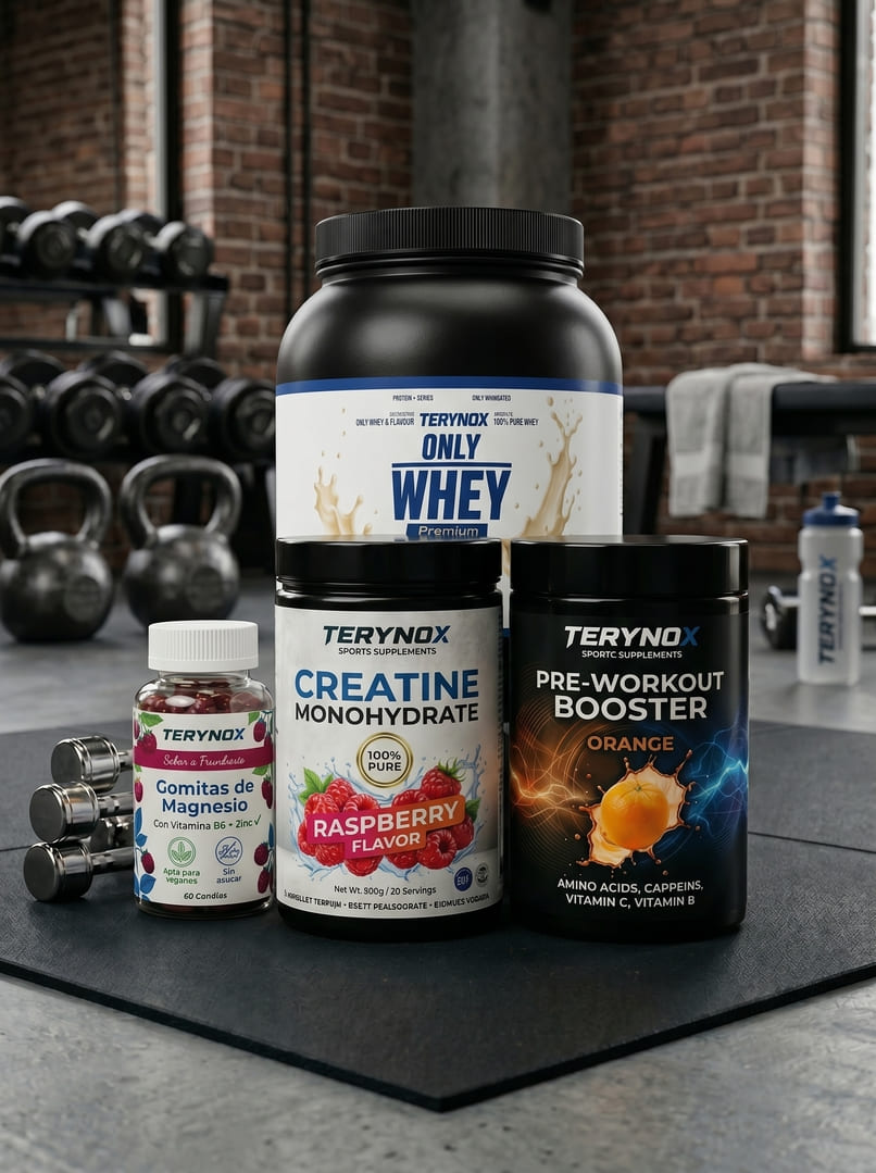 Conjunto de productos deportivos para el pack de suplementos para gimnasio.
