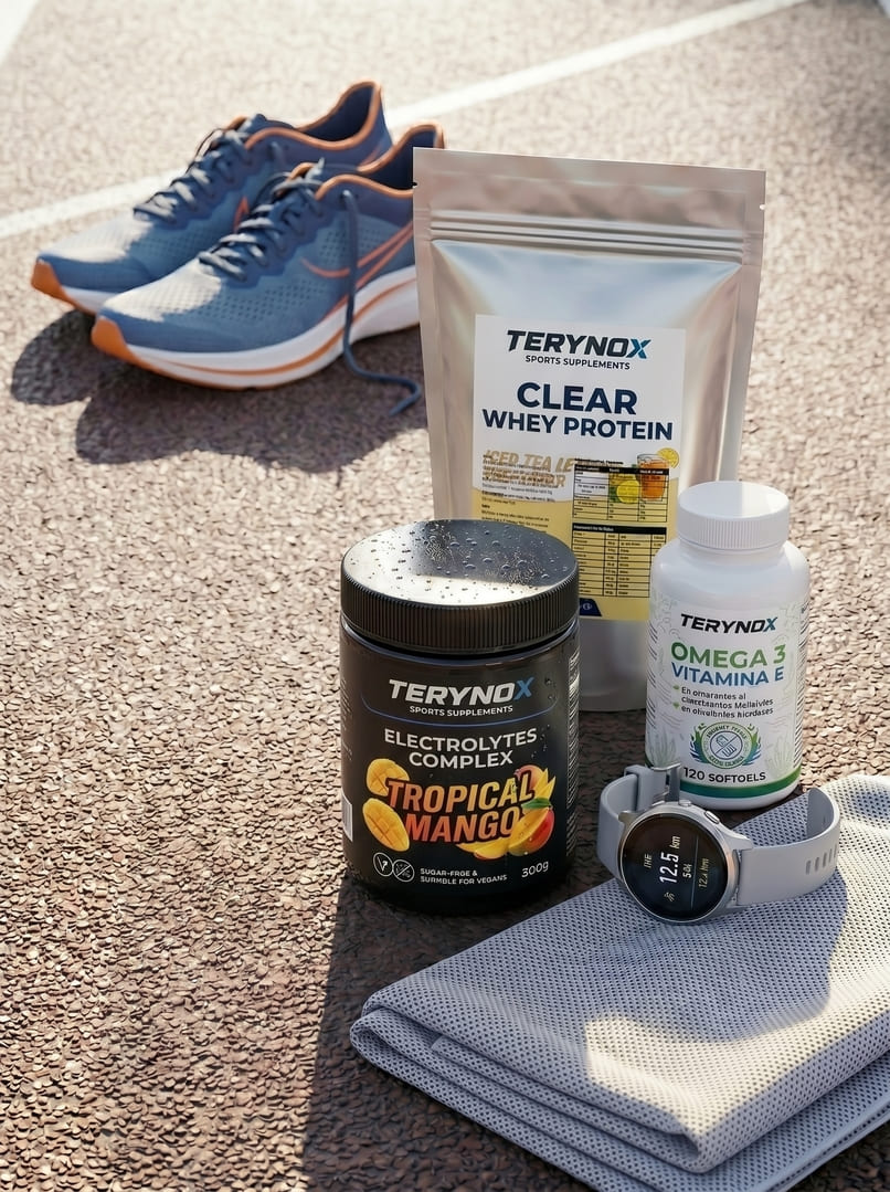 Pack de suplementos para running, omega 3 electrolitos y proteína clear.
