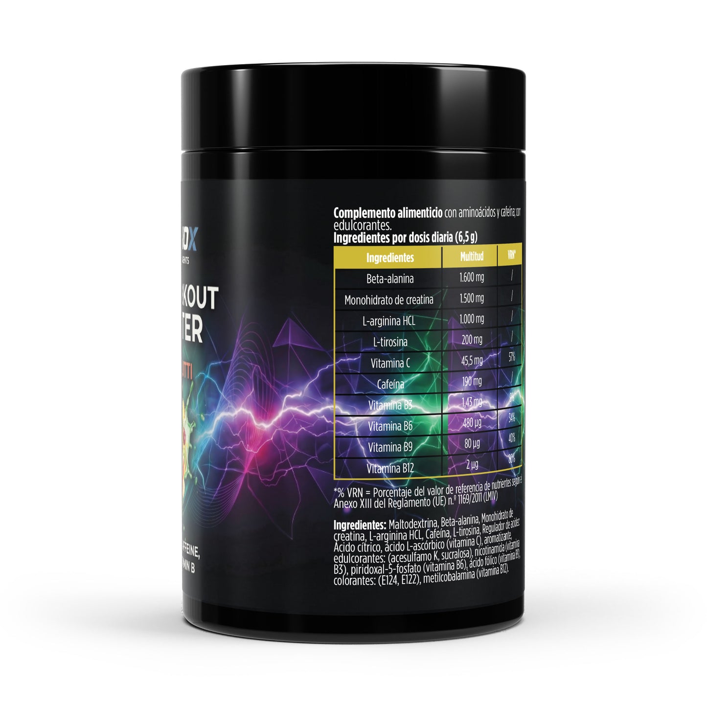 Envase de pre entreno con sabor a tutti frutti de la marca Terynox.