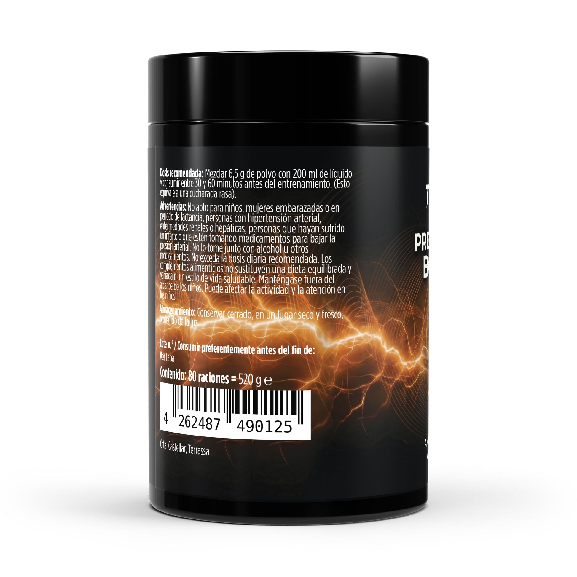 Pre-workout booster con sabor a naranja y contiene 520 gramos.