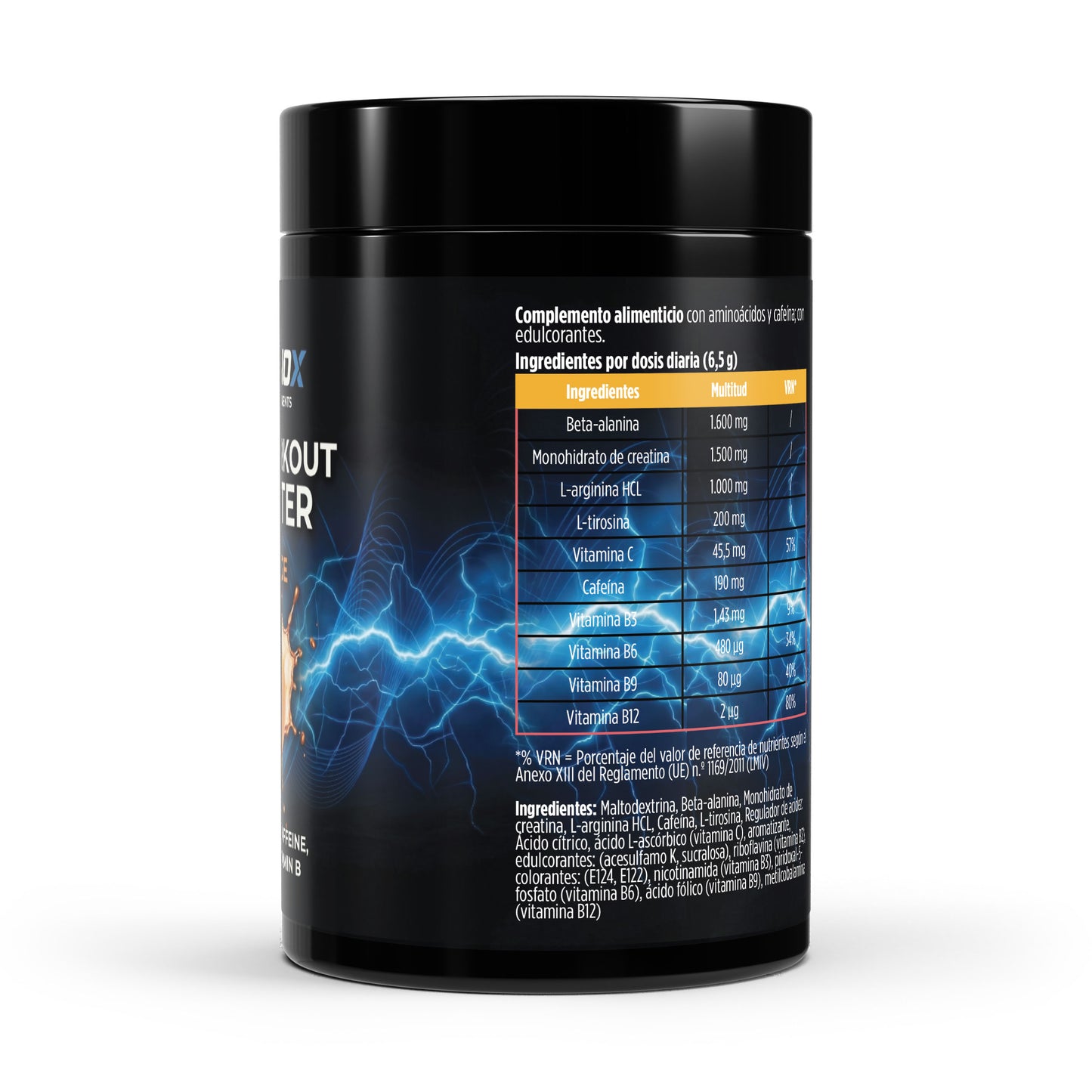 Bote de pre-workout booster sabor naranja de 520 gramos.